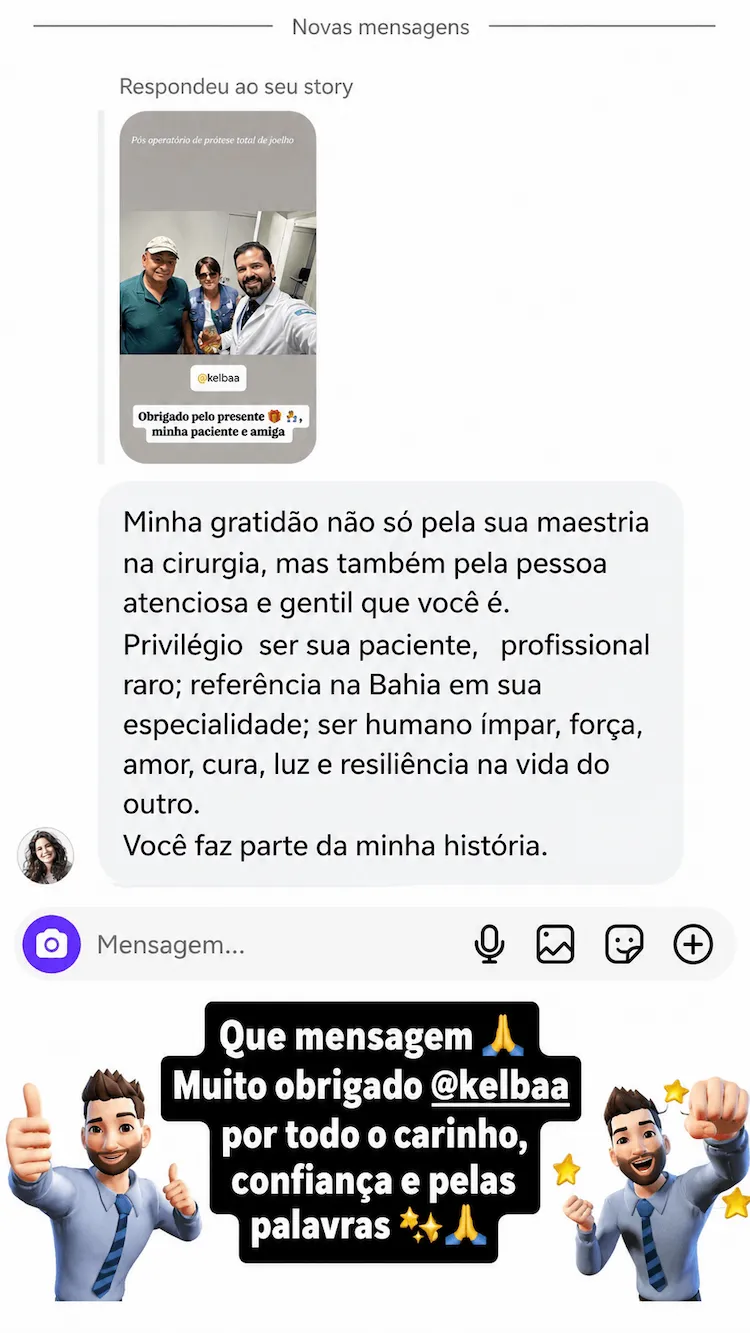 Mensagem de gratidão de paciente após cirurgia de joelho