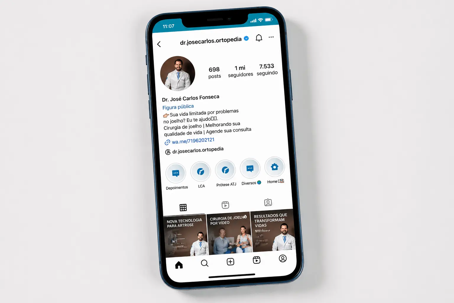 Perfil do Instagram do Dr. José Carlos com depoimentos em vídeo